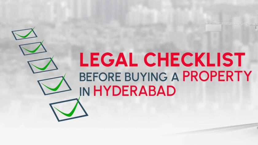 Legal checklist before buying a property in Hyderabad with green checkmarks and city skyline background