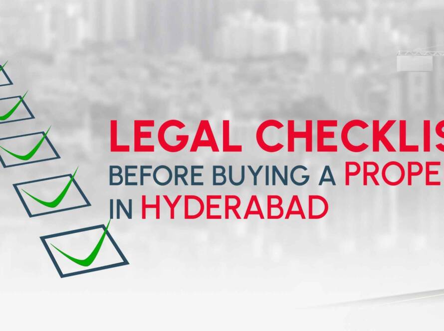 Legal checklist before buying a property in Hyderabad with green checkmarks and city skyline background